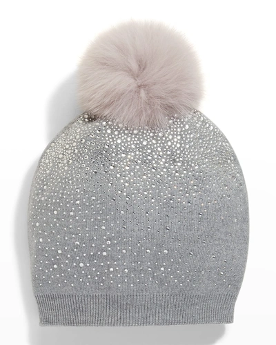 Adrienne Landau Glitter Knit Beanie W/ Fur Pompom In Gray