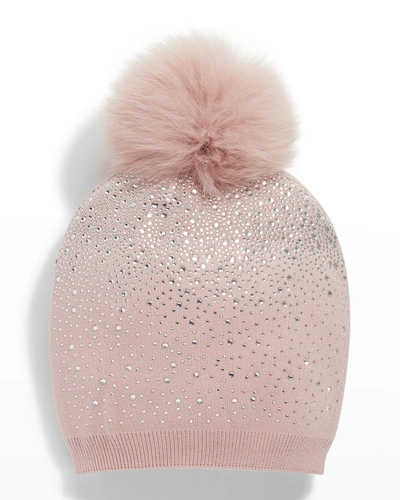Adrienne Landau Glitter Knit Beanie W/ Fur Pompom In Pink