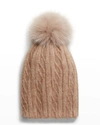 Adrienne Landau Knit Beanie W/ Fur Pompom In Taupe
