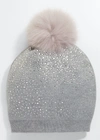Adrienne Landau Glitter Knit Beanie W/ Fur Pompom In Grey