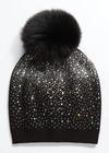 Adrienne Landau Embellished Wool Beanie W/ Faux Fur Pom In Black
