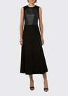 Akris Leather Trapezoid Bodice Flared Midi Dress In Black