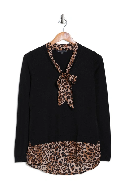 Adrianna Papell Long Sleeve V-neck Twofer Sweater In Black W/ Basic Cheetah
