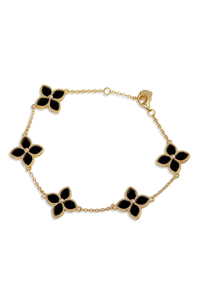 Savvy Cie Jewels Yellow Gold Vermeil Onyx Flower Station Bracelet In Black