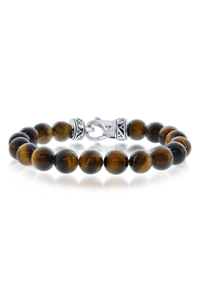 Blackjack Mens Stainless Steel 10mm Tiger Eye Bead Stone Bracelet In Brown