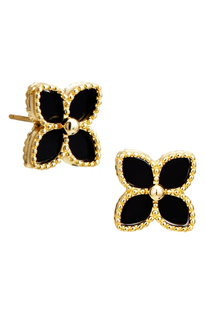 Savvy Cie Jewels Yellow Gold Vermeil Onyx Flower Stud Earrings In Black