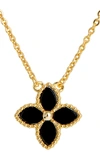SAVVY CIE JEWELS YELLOW GOLD VERMEIL ONYX FLOWER PENDANT NECKLACE