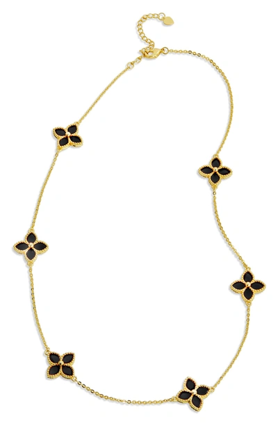 Savvy Cie Jewels Yellow Gold Vermeil Onyx Flower Station Necklace In Black