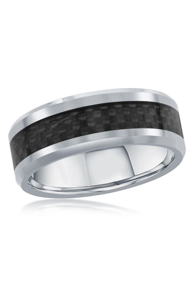 Blackjack Polished Tungsten & Carbon Fiber Band Ring In Silver