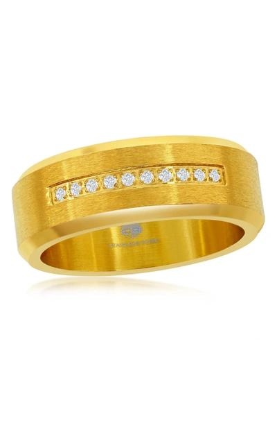 Blackjack Yellow Gold Plated Stainless Steel Cz Stripe Brushed Band Ring