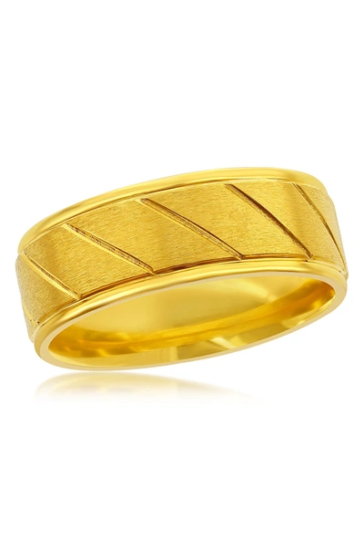 Blackjack Yellow Gold Plated Stainless Steel Diagonal Groove Brushed Band Ring