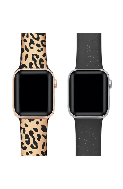 Posh Tech Set Of 2 Animal Print & Solid Silicone Apple Watch Bands In Rose Gold / Black