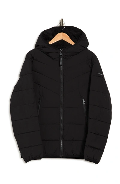 Calvin Klein Faux Fur Hooded Stretch Jacket In Ebony