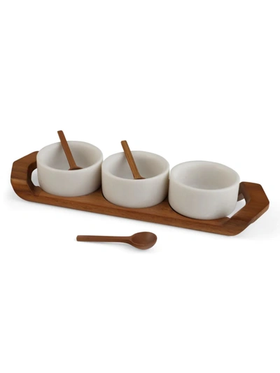 Nambe Chevron Condiment Tray With Bowls In White/brown