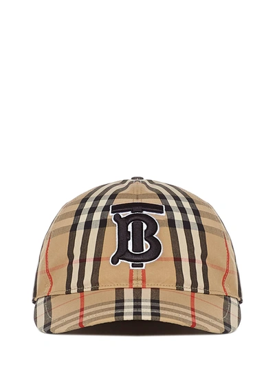 Burberry Tb Logo格纹棉质帆布棒球帽 In Beige