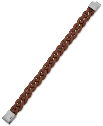 Dkny Men's Silver-tone Braided Cognac Leather Bracelet