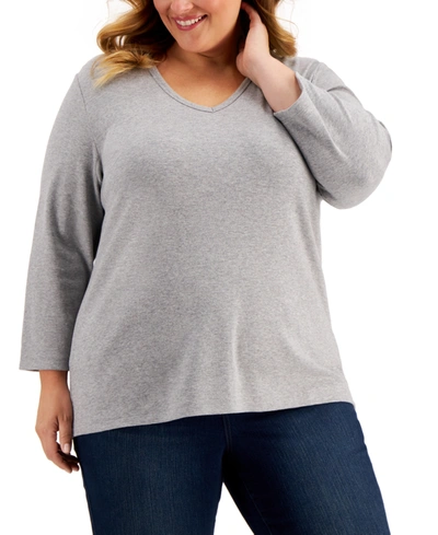 Karen Scott Plus Size 3/4-sleeve V-neck Top, Created For Macy's In Smoke Grey Heather