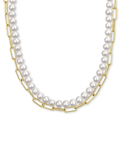 Macy's Cultured Freshwater Pearl (7-7-1/2mm) & Paperclip Link Layered 18" Statement Necklace In 18k Gold-pl In Yellow Gold