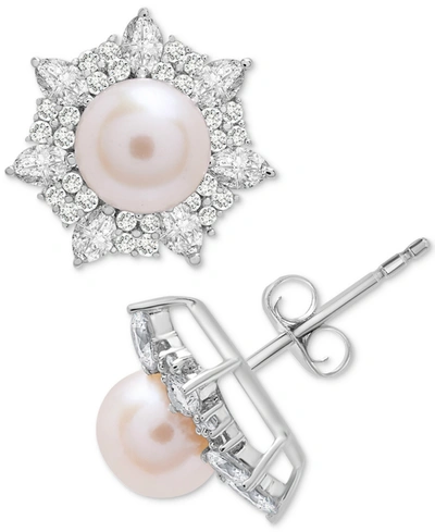 Macy's Cultured Freshwater Pearl (6mm) & Lab-created White Sapphire (1 Ct. T.w.) Flower Stud Earrings In St In Sterling Silver