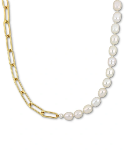Macy's Cultured Freshwater Pearl (7-7-1/2mm) & Paperclip Link 18" Statement Necklace In 18k Gold-plated Ste In Gold Over Silver