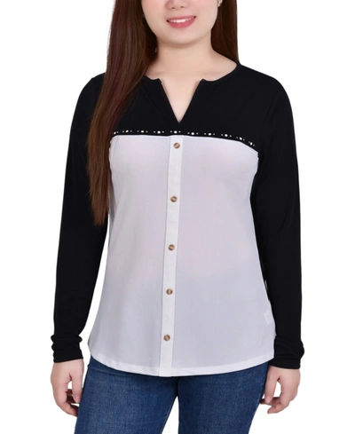 Ny Collection Plus Size Long Sleeve Studded Colorblocked Split Neck Top In Ivory,black