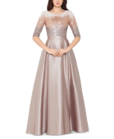Betsy & Adam Petite Embellished Satin Gown In Mocha