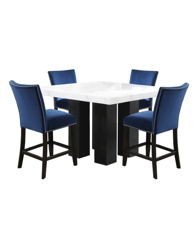 Furniture Camila Square 54" Marble Counter Height Table And Blue Velvet Counter Chair 5pc Set (table + 4 Chair In No Color