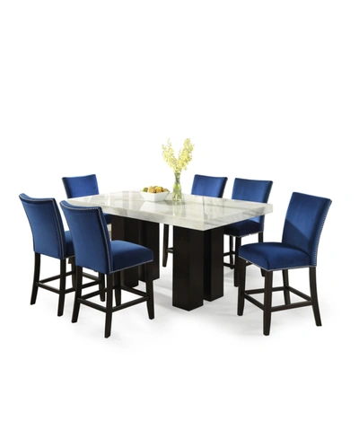 Furniture Camila 70" Rectangle Counter Height Table And Blue Velvet Counter Chair 7-piece Set