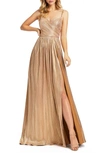 Mac Duggal Metallic Sleeveless A-line Gown In Gold