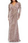 MAC DUGGAL RUCHED METALLIC LONG SLEEVE FAUX WRAP GOWN,49503