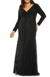 Mac Duggal Black Wrap Over Long Sleeve Lace Applique Trumpet Gown (plus) In Black