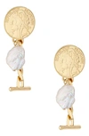 ETTIKA COIN FRESHWATER PEARL DROP EARRINGS,E3158.PRL.G