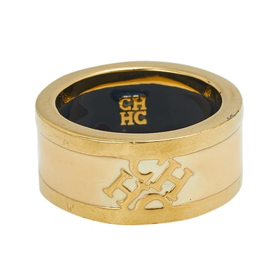 Pre-owned Ch Carolina Herrera Cream Enamel Gold Tone Band Ring Size Eu 55