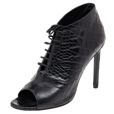 Pre-owned Saint Laurent Black Croc Embossed Leather Peep Toe Ankle Booties Size 37.5