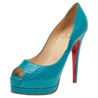 Pre-owned Christian Louboutin Turquoise Blue Python Leather Peep Toe Platform Pumps Size 38