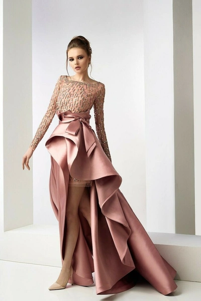 Gatti Nolli By Marwan Greer Long Sleeve Cocktail Dress And Over-skirt In Pink