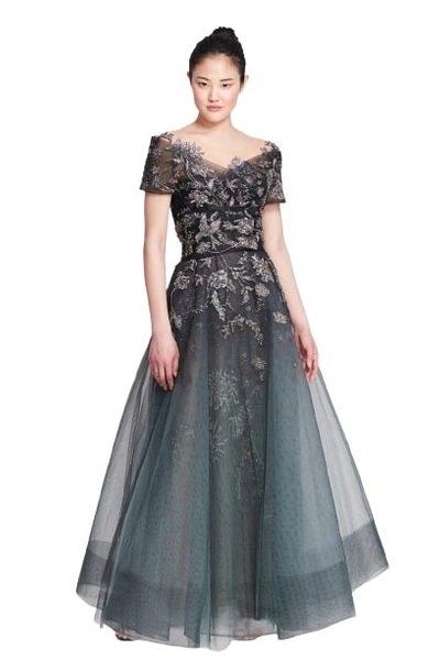 Marchesa Off Shoulder Illusion A-line Gown In Grey
