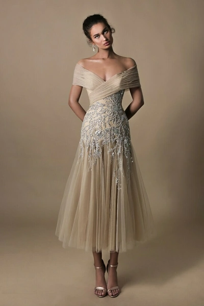 Tarik Ediz Lana Off Shoulder Tulle Embroidered Dress In Neutrals