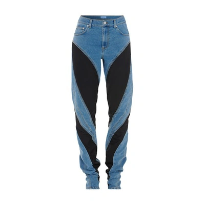 Mugler Denim & Tech Spiral Insert Jeans In Light Medium Blue Black