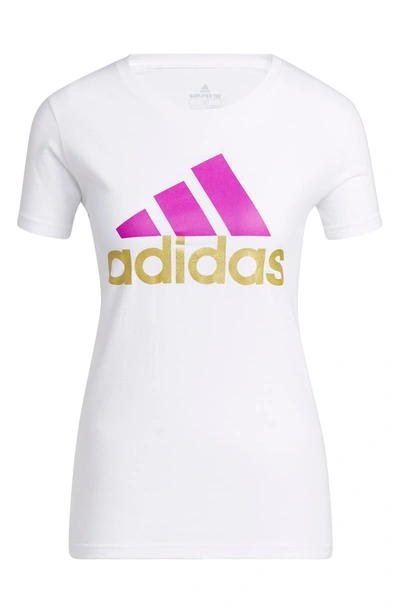 Adidas Originals Basic Short Sleeve Logo T-shirt In White/sonic Fuchsia/gold Met.