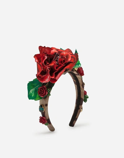Dolce & Gabbana Red Roses Silk Studded Hair Headband In Brown