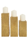 WILLOW ROW GOLDTONE WOOD CARVED PILLAR GEOMETRIC CANDLE HOLDER