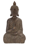 WILLOW ROW BROWN POLYSTONE BOHEMIAN BUDDHA SCULPTURE WITH ENGRAVED CARVINGS & RELIEF DETAIL