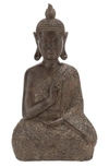 WILLOW ROW BROWN POLYSTONE BOHEMIAN BUDDHA SCULPTURE WITH ENGRAVED CARVINGS AND RELIEF DETAILING