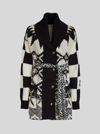 Etro Belted Intarsia Cotton And Wool-blend Cardigan In Schwarz