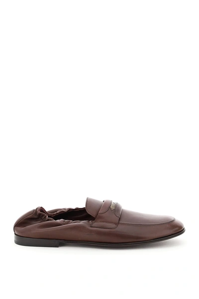Dolce & Gabbana Debossed-motif Polished-finish Loafers In Brown