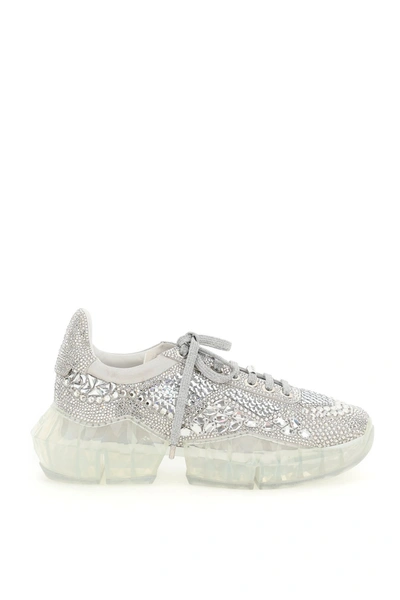 Jimmy Choo Diamond/f Crystal Shimmer Suede Low Top Trainers With Crystal Details In Silver