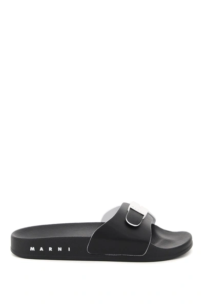 Marni Buckle-strap Faux-leather Slides In Black,white