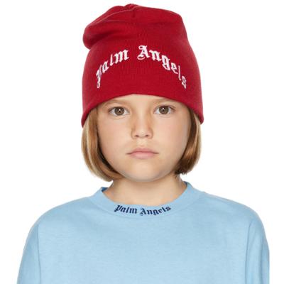 Palm Angels Kids' Embroidered Logo Wool Beanie Hat In Red