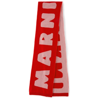 Marni Intarsia Logo-knit Wool Scarf In Red